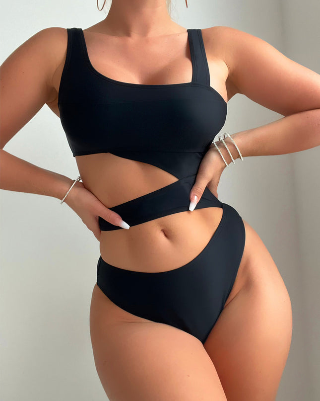 2024 New Solid Color Hollow High Cut Sexy Siamese Swimsuit