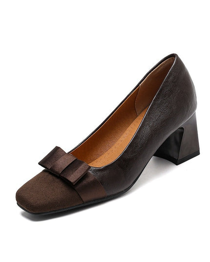 Retro Square Head Stitching Chunky Heel Pumps Women's Spring And Autumn New Bow Low-cut High Heels