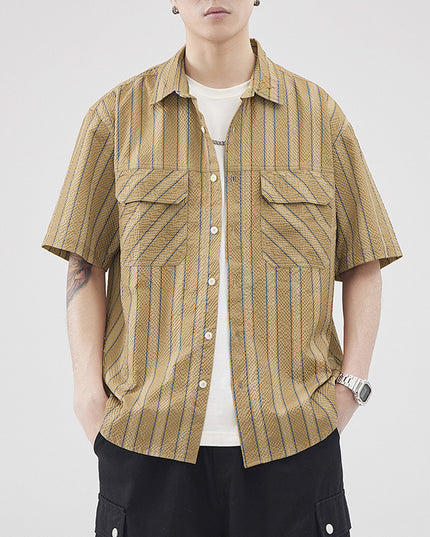 Summer Seersucker Striped Texture Short-sleeved Shirt For Men