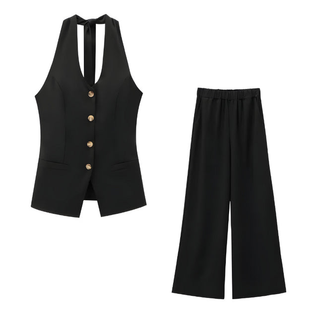 Classic Style Cotton And Linen Halterneck Vest Suit Women's Summer High-grade Trousers