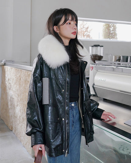 Loose Little Black Pie Overcoming Plaid Stitching Leather Coat And Cotton Jacket