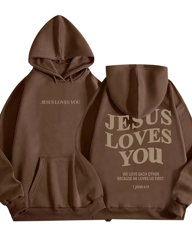 Brushed Hoody Back Letter Print Hooded Sweater