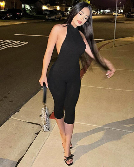 Women's Solid Color Sleeveless Halter Backless Sexy Slim Fit Bodysuit
