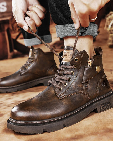 Men's High-top Retro Side Zipper Motorcycle Leather Boots