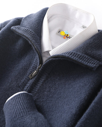 Double-strand Thickened 100 Pure Wool Knit Men's Pullover Lapel Zip-up Shirt