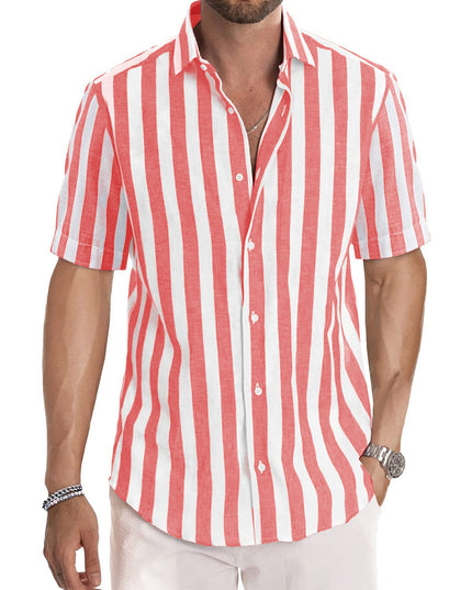 Summer European And American Men's Beach Casual Sports Yarn-dyed Striped Short-sleeved Lapel Shirt