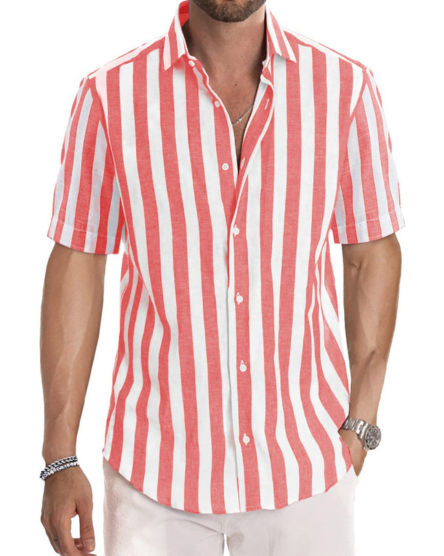 Summer European And American Men's Beach Casual Sports Yarn-dyed Striped Short-sleeved Lapel Shirt