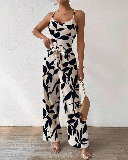 Fashion Floral Print Jumpsuit Elastic Waist Belt Jumpsuit