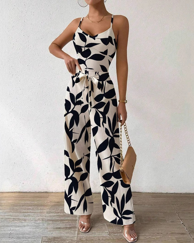 Fashion Floral Print Jumpsuit Elastic Waist Belt Jumpsuit