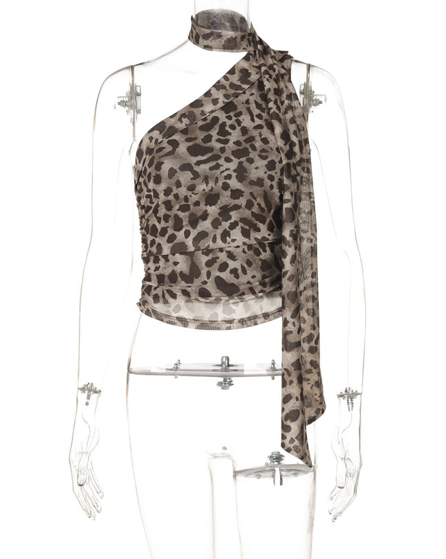 Leopard Print Crossbody Sleeveless Ribbon Short Tight Vest