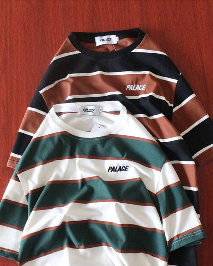 Striped colorblock embroidered letter T-shirt