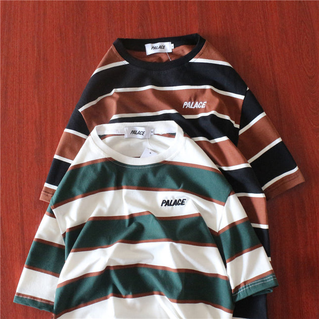 Striped colorblock embroidered letter T-shirt