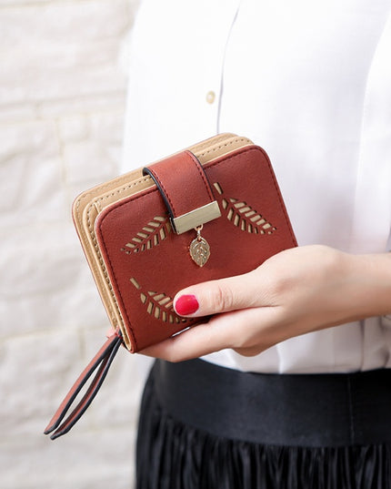 New Korean Women's Wallet Short Hollow Clutch Bag Leaf Zipper Buckle Bills Card Pack