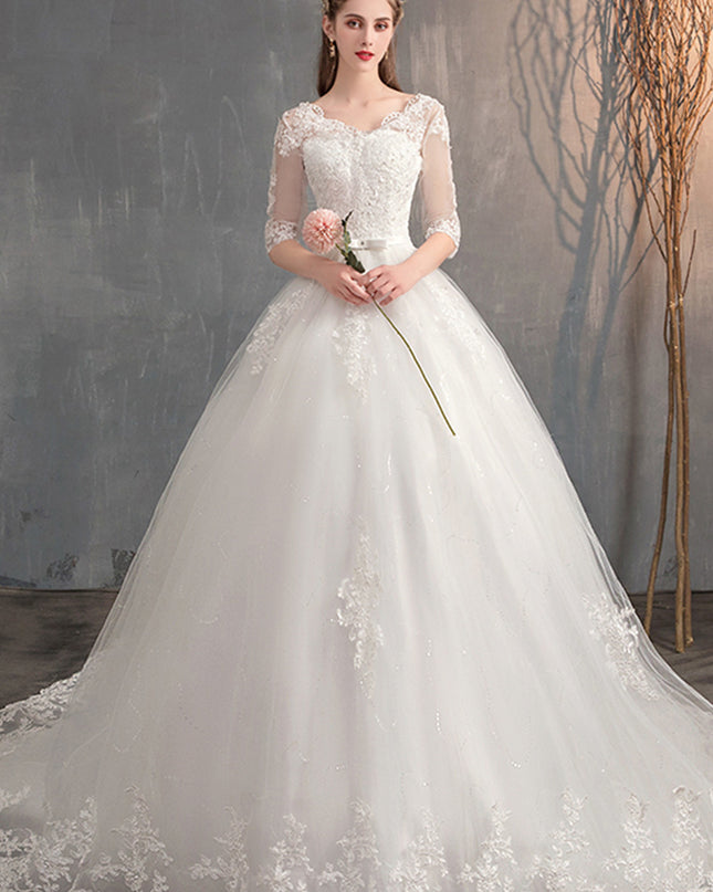 Wedding Dress Trailing Deep V Neck Lace High Waist Wedding Dress Long Sleeves
