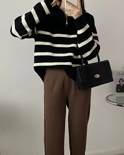 Casual Half Zipper And Lapel Coat Women's Striped Long-sleeved Sweater