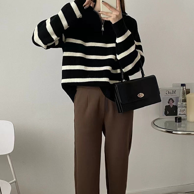 Casual Half Zipper And Lapel Coat Women's Striped Long-sleeved Sweater