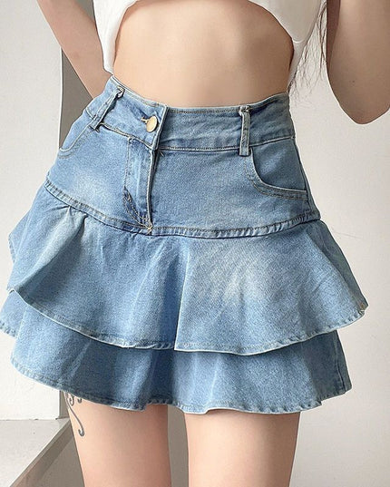 Women's Double-layer Ruffled Denim Skirt Retro Easy Matching High Waist Slimming