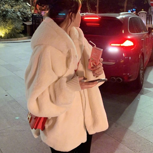 Women's Rex Rabbit Fur Hooded Loose Overcoat Jacket