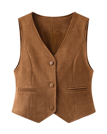 Spring New V-neck Design All-match Suede Short Vest Jacket Women