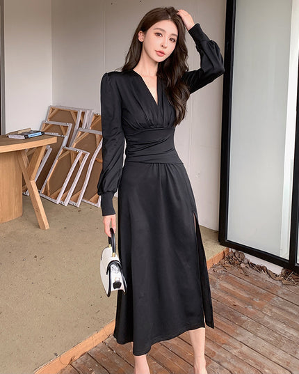 Pleat And Waisted Lantern Sleeve Dress Simple Adult Lady Like Woman Style