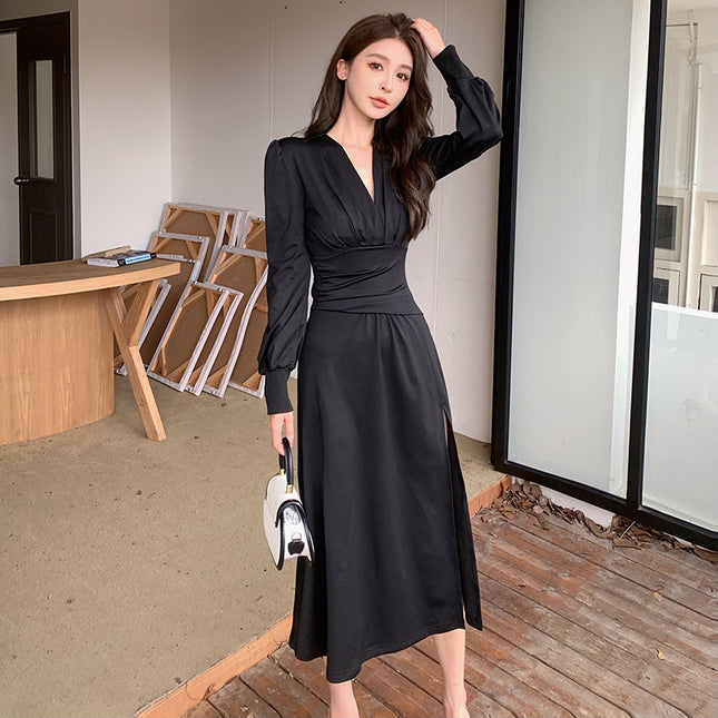 Pleat And Waisted Lantern Sleeve Dress Simple Adult Lady Like Woman Style