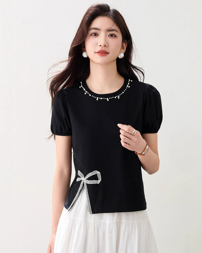 Round Neck Design Bow Beaded Short Top