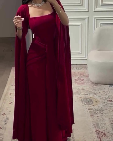 Elegant Burgundy Square - Neck Cape  Maxi Dress