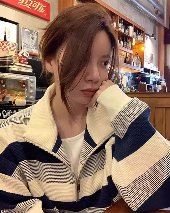 Women's American-style Retro Half-zip Striped Sweater