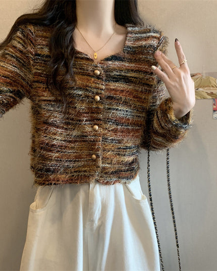 Soft Korean Style Square Collar Fur Design Striped Long Sleeve Sweater