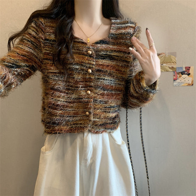 Soft Korean Style Square Collar Fur Design Striped Long Sleeve Sweater