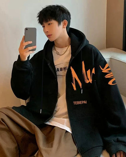 Hong Kong Style Letter Printed Full-zip Cardigan Jacket Top Coat