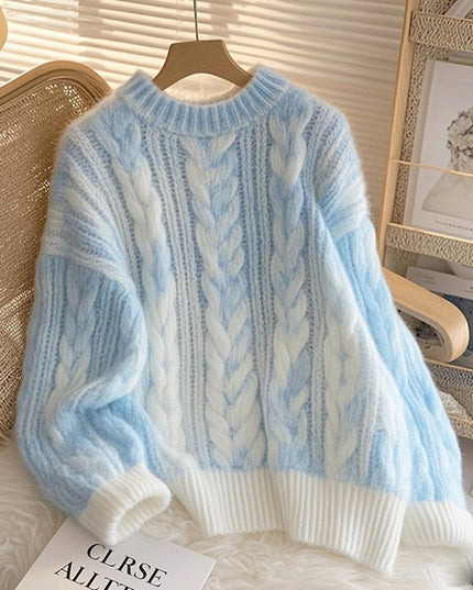 Blue Soft Glutinous Lazy High-grade Pullover Cable-knit Sweater