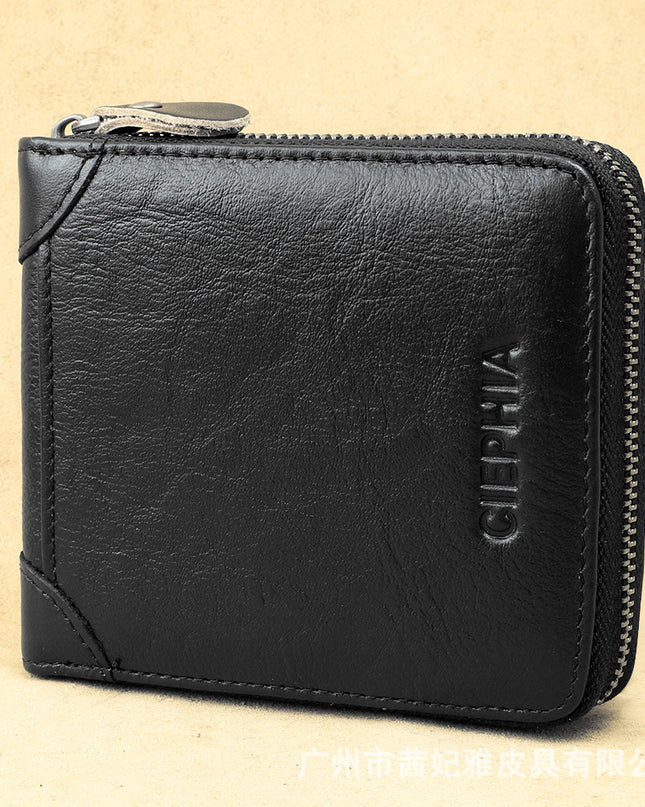 Men's Wallet Leather Short Anti-theft Swiping Zipper Multifunctional
