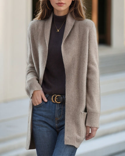 New Polo Collar Solid Color Long-sleeved Knitted Cardigan Loose Pockets Sweater Coat For Women