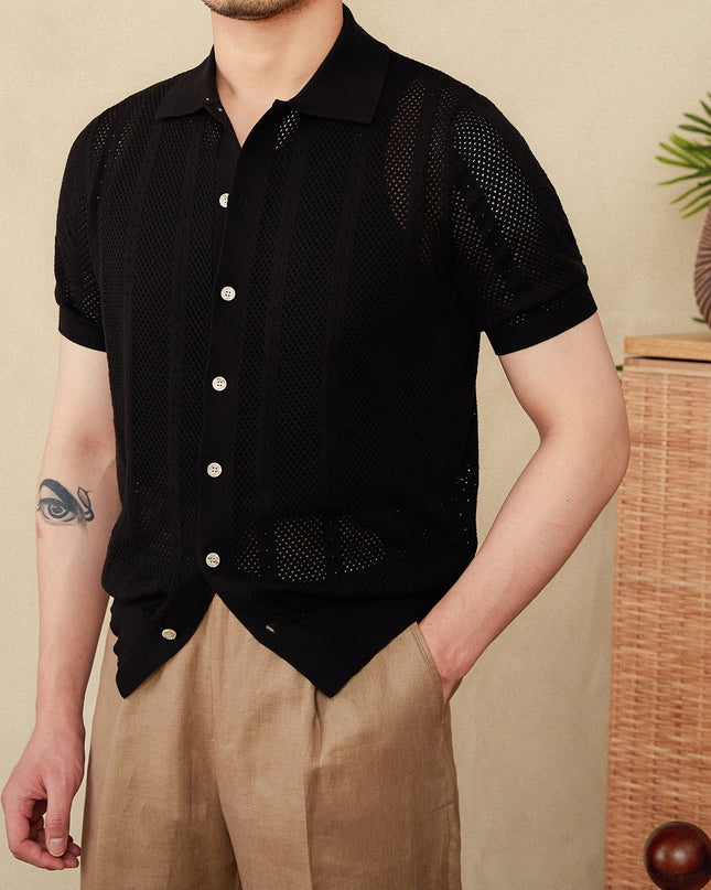 Short Sleeve Lapel Cardigan Breathable Stripes Knitted Casual Shirt Men