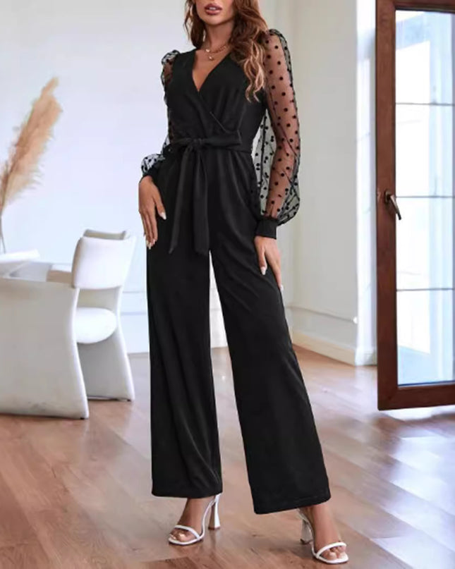 Fashion V-neck Women's Lace Long Sleeve Jumpsuit Belt Elegant Clothing