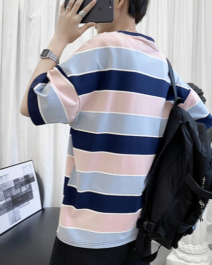 Striped Short-sleeved T-shirt Boys Hong Kong Style Couple Half-sleeved Ins Bottoming Shirt