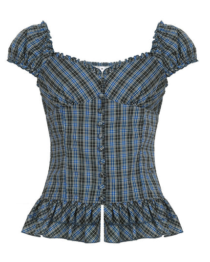 French Style Retro Anti-aging All-match Plaid Wooden Ear Square Collar Shirt For Women
