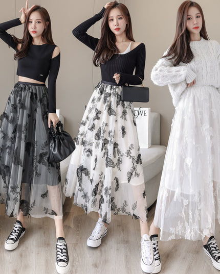 Embroidered Bow Lace Mesh Skirt Women's Mid-length