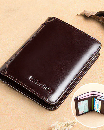 Men's Short Matte Leather Tri-fold Vertical Wallet