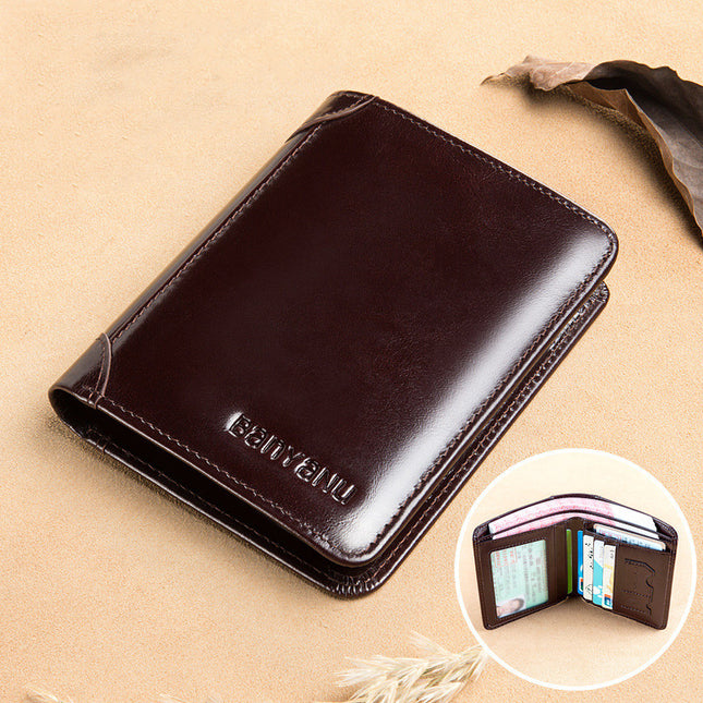 Men's Short Matte Leather Tri-fold Vertical Wallet