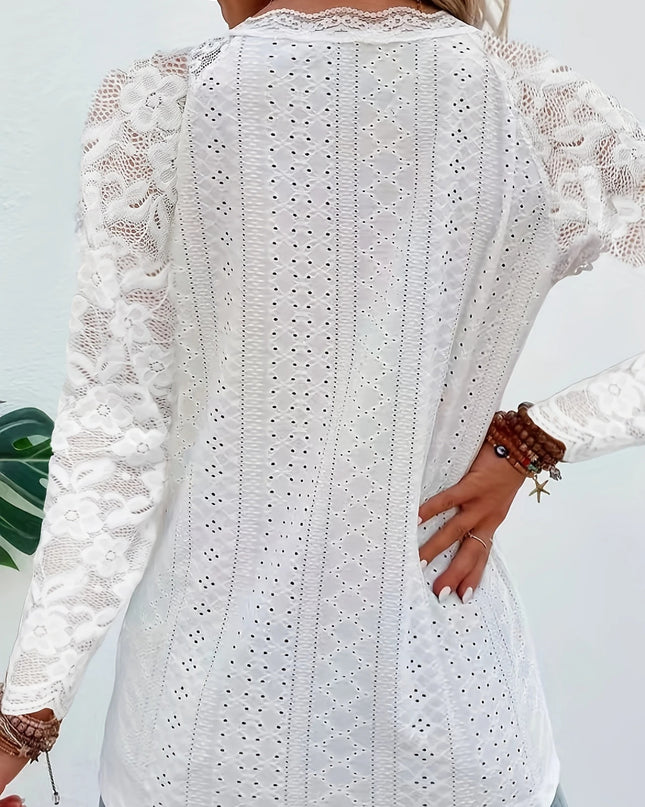 Contrast Lace V-neck Eyelet T-Shirt