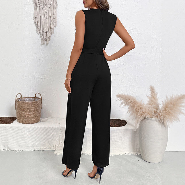 Lace Patchwork Round Neck Sleeveless High Waist Straight Women's Jumpsuit