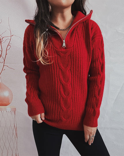 Twist Vertical Stripes Zipper And Lapel Long Sleeve Sweater