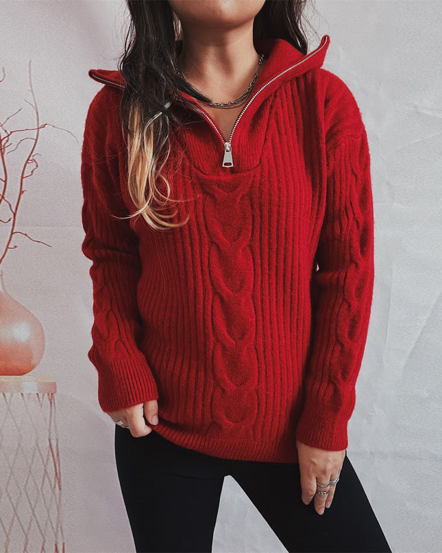 Twist Vertical Stripes Zipper And Lapel Long Sleeve Sweater
