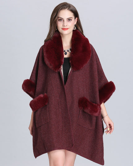 Ladies Fur Collar Lapel Pocket Wool Cardigan Jacket