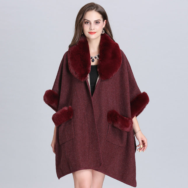 Ladies Fur Collar Lapel Pocket Wool Cardigan Jacket
