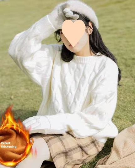 Autumn And Winter Female Students Fleece-lined Thickened Cable-knit Sweater