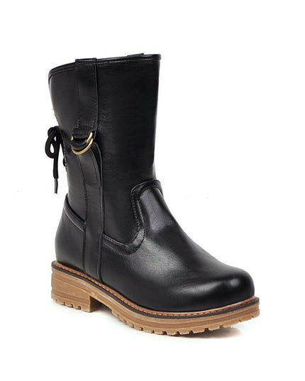 Lace-up round toe low-heel square heel boots