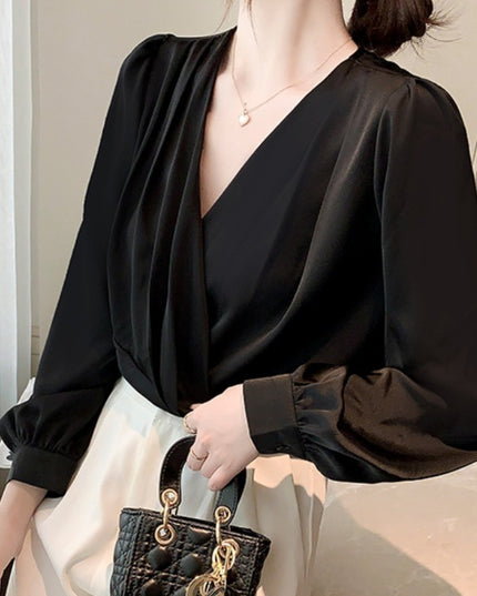 V-neck Satin Long-sleeved Shirt Women's Professional Bottoming Shirt